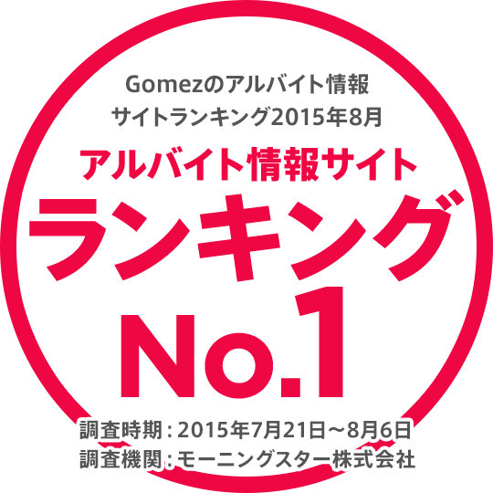 アルバイト情報サイトランキングNo.1 Gomezのアルバイト情報サイトランキング2015年8月（調査時期：2015年7月21日～8月6日 調査機関：モーニングスター株式会社）